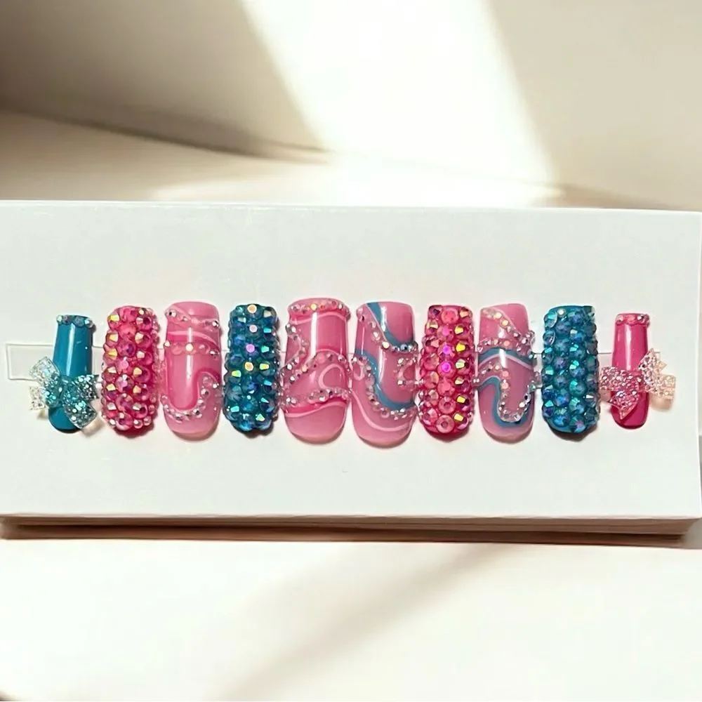 Handmade Pink Blue Rhinestone Glitter Bow Press On Nails Size XS Medium Length
